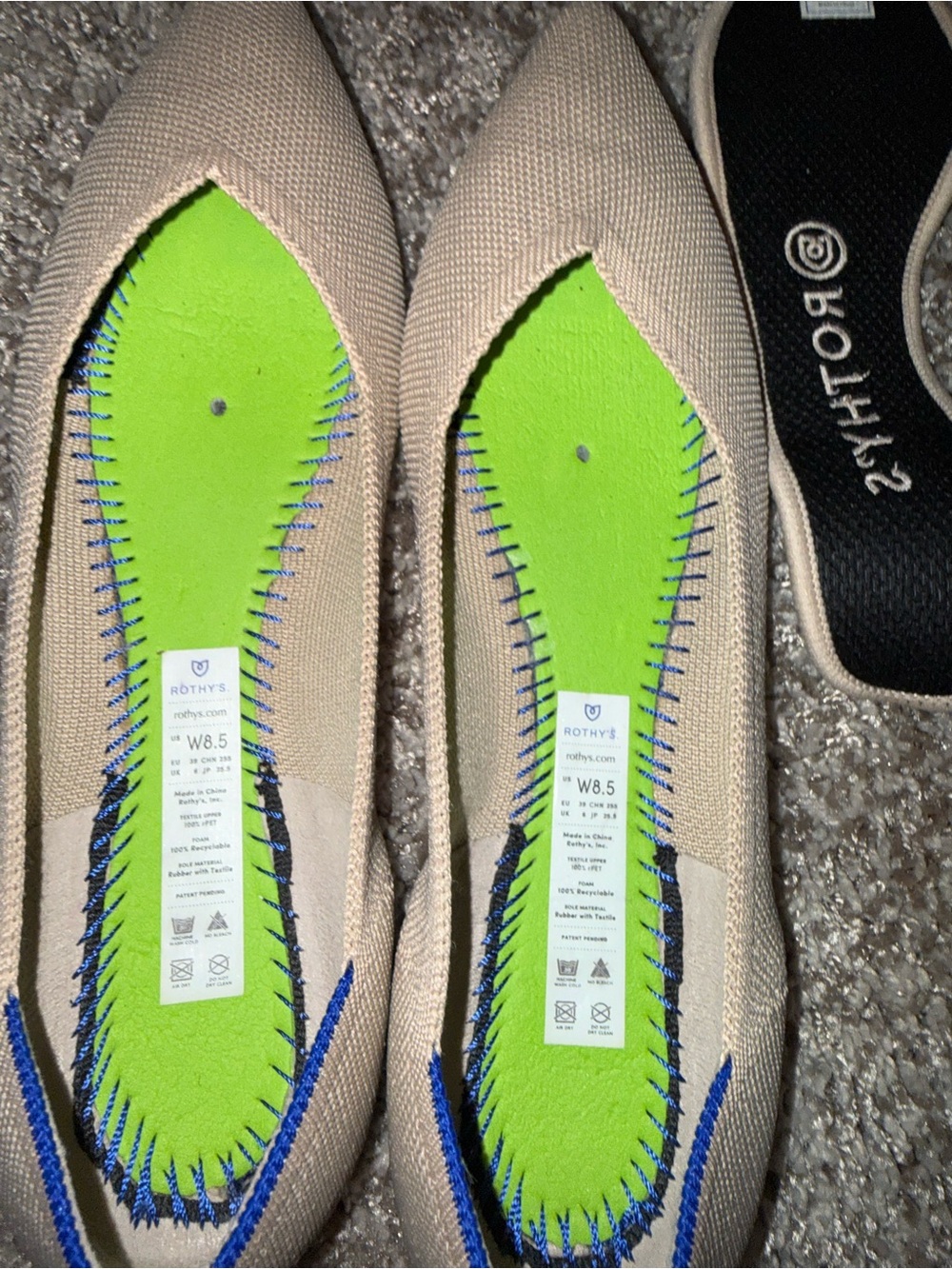 Rothy's Beige Pointed Knit Flats with Blue Trim - Picture 5 of 9